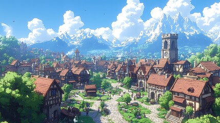 Wall Mural - Fantasy medieval village with mountains in the background. Beautiful countryside landscape. 3D illustration