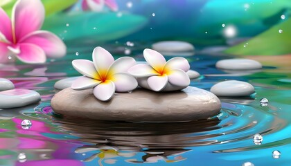 Tranquil spa scene with smooth stones and frangipani flower on water surface, promoting relaxation and wellness in a serene and aromatic atmosphere.