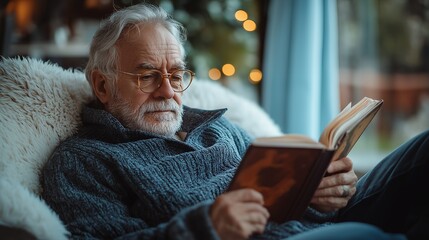 A senior man wearing glasses sits in a chair with a fluffy white cushion, reading a book with a thoughtful expression.