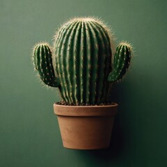 Wall Mural - Very adorable green cactus in a brown pot. cactus in unicolor background.