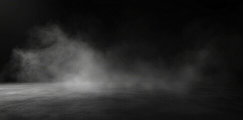 Poster - In the dark, smoke swirls in a symphony of light and shadow. Fluid fantasia. Black background. Abstract dance between fog and light on a floor.