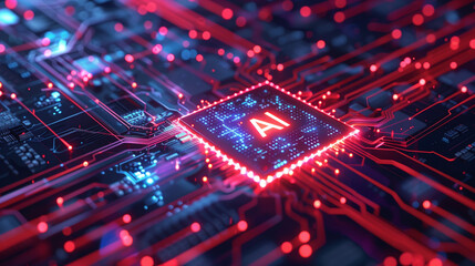 Fototapete - AI futuristic digital neon glowing red computer data chip on wireframe grid circuit board. Electronic technology Artificial Intelligence processor. Background illustration. Data processor