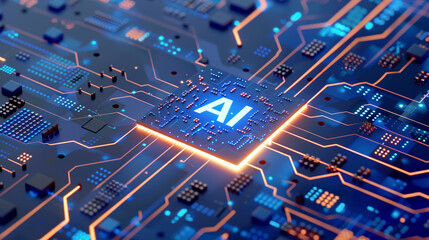 Fototapete - AI futuristic digital neon glowing orange computer data chip on wireframe grid circuit board. Electronic technology Artificial Intelligence processor. Background illustration