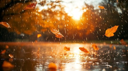 A beautiful park in October with autumn rain drops splashing in the forest background.