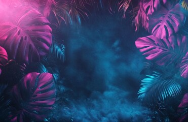 Poster - An empty room with brick walls and neon lights. Silhouettes of tropical leaves, colorful smoke.