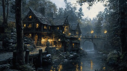 Canvas Print - Enchanted Forest Cottage with Bridge and River at Night