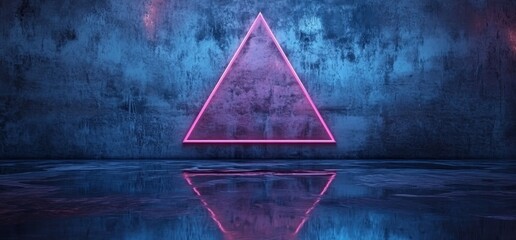 Poster - Three-dimensional rendering of a sci-fi futuristic asphalt cement road with double-lined concrete walls at night, with neon laser triangles lighting up a glowing purple blue arc.