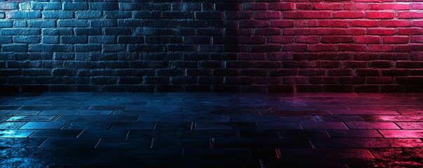 Poster - The night view of a dark street with an old brick wall decorated with night lanterns. The scene is empty, with neon lights lighting up the night.