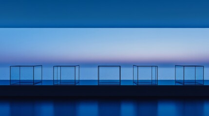 Poster - Three-dimensional rendering of translucent blocks on blue surfaces. Visionary tech concept with space for text.