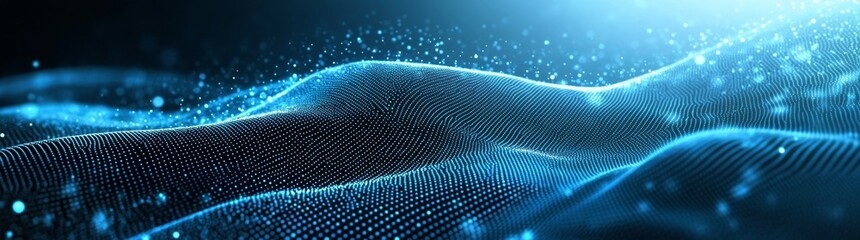 Poster - Digital 3D wave with moving blue particles on dark futuristic background. Concept of big data. Cyberspace. Modern illustration.
