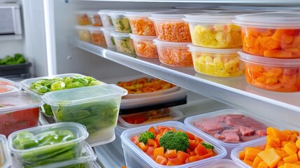 A refrigerator filled with many different types of food in plastic containers, AI