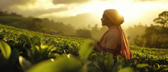 African or Indian woman in tea garden, farmer or picker. Generative AI