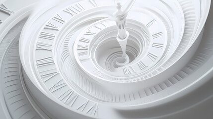 abstract modern white spiral clock dial with roman and arabic numerals. concept of infinite time, de