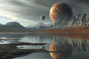 Wall Mural - abstract graphic design, wallpaper background, a galaxy soaring above an ocean planet