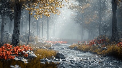 Canvas Print - Enchanted Forest Path with Stream and Sunlight