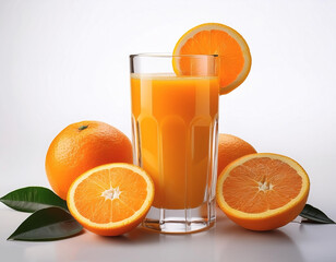 A glass of fresh orange juice with orange slices on the rim, white background