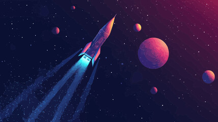 Poster - Abstract Vector Rocket in Starry Space with Planets and Universe Elements - Minimalist SVG Art for Business and Technology Concepts