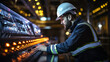 © Crowded Studio - Un hombre con sombrero blanco y chaleco de seguridad trabaja en un panel de control.Concepto de enfoque y concentración mientras el hombre opera con cuidado el equipo.