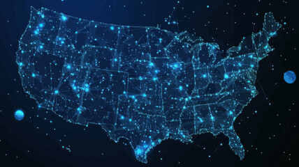 Poster - Abstract USA Map as Starry Sky with Points Lines and Planets Vector Wireframe, Digital Space Art Concept
