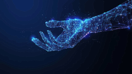 Poster - Futuristic Low Poly Robot Hand with Human Touch, Technological Advancement Concept, Abstract Polygonal Vector Illustration