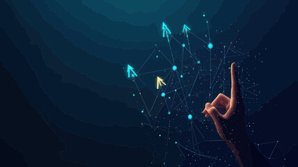 Poster - Futuristic Hand Pointing at Glowing Business Chart with Upward Arrows on Dark Blue Low Poly Vector Background for Technology and Market Concept