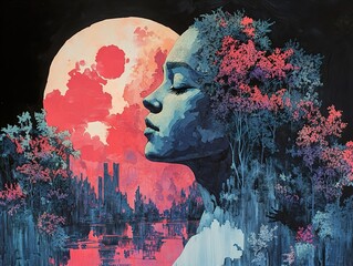 Wall Mural - Dreamlike Cityscape with a Woman's Profile and a Full Moon