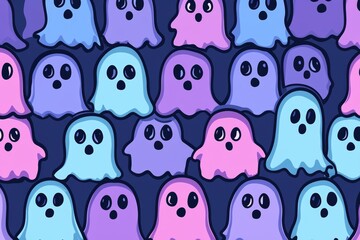 A seamless texture of Halloween ghosts, tiling pattern, cute and kawaii, dark background, and blue in color