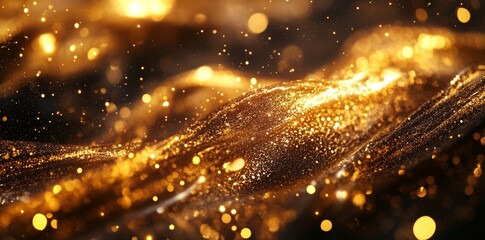 Poster - A luxury swirling gold background with gold particles. Christmas Golden lights shine particles bokeh on dark background. Gold foil texture, realistic, Ai generated image.