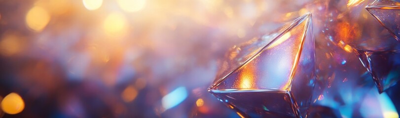 Poster - An abstract crystal background with an iridescent texture, a macro panorama with faceted gems, and a wide panoramic polygonal wallpaper all in 3D scene