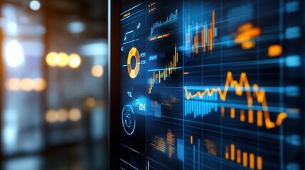 Wall Mural - white board computer display on wall showing financial analysis with charts and graph, office background blur 