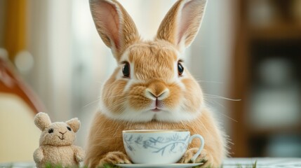 Canvas Print - A rabbit sitting next to a cup of tea and stuffed animal, AI