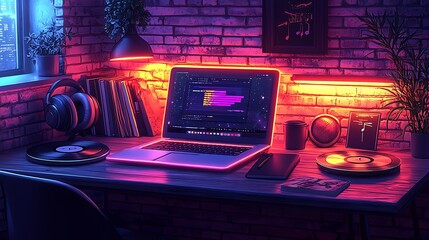 Neon Desk Setup With Laptop, Headphones, and Music Player