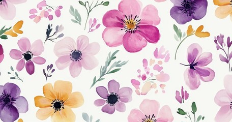 Poster - watercolor floral clipart, featuring pink, purple, and yellow flowers on a white background the desi