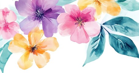 Poster - watercolor flower clipart, pastel pink, purple, yellow, and teal flowers and leaves on a white backg
