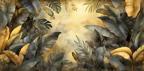 Wall Mural - Leaves on a gray background. 3D photo wallpapers with leaves. Fresco for the interior. Grunge style wall decor. Painted leaves.