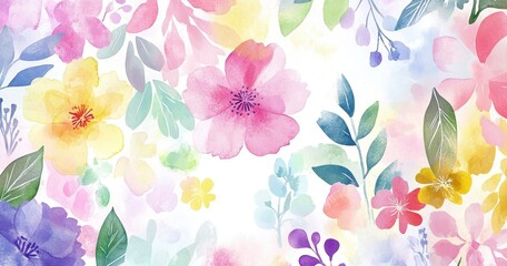 Poster - watercolor floral clipart, in pastel shades of pink, purple, yellow, blue, and green, on a white bac