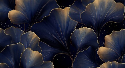 Wall Mural - This is a golden ginkgo leaf line art on dark blue background. Luxury gold wallpaper design for weddings, prints, banners, posters, textures.