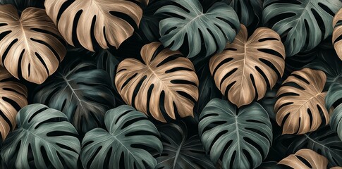 Wall Mural - Suitable for making wallpaper, printing on fabric, wrapping, fabric. Tropical exotic seamless pattern with tropical green palm, colocasia, banana leaves.