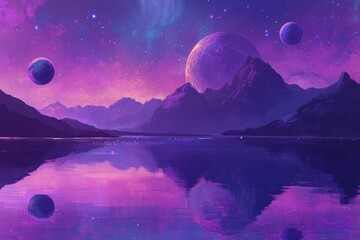 Wall Mural - background wallpaper with a glorious galaxy rising from the surface of a planet in the ocean