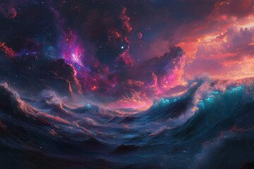 Wall Mural - graphic design with an abstract galaxy rising out of an ocean planet, dynamic lighting, wallpaper ba