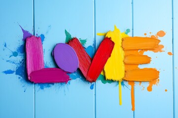 Sticker - The word LOVE spelled out in colorful paint strokes on a blue wooden background.