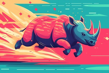 Sticker - A blue and pink rhinoceros charging forward in an abstract background with geometric shapes.