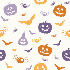 Wall Mural - Background with creepy pumpkins, bats and spiders. Halloween texture. Vector