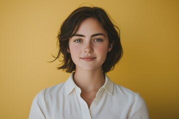 Sticker - Portrait of a young woman with short brown hair, wearing a white collared shirt and smiling, against a bright yellow background.