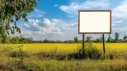 a blank outdoor info banner stands against a picturesque landscape, inviting creativity and customization. the natural surroundings provide a serene backdrop for promotional ideas