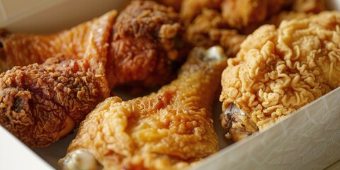 Detailed view of fried chicken thighs and drumsticks in a white paper container