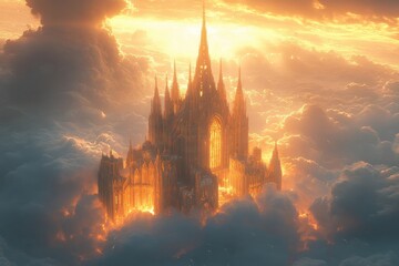 Wall Mural - A castle is shown in the sky with a bright sun shining on it