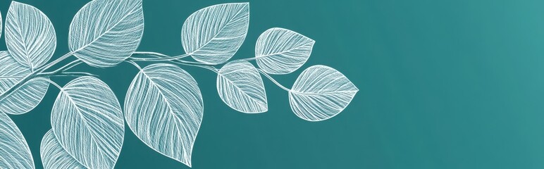 White leaves on teal background, simple line art drawing, elegant design, white ink, simple lines, simple shapes, hand-drawn illustration, simple background Generative AI