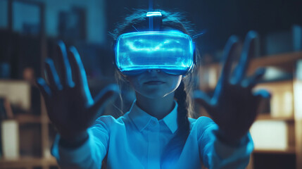 School student with VR headset using AI artificial intelligence technology & machine learning.Interactive technology in classroom. Innovation & smart tech. AI blue hologram in education