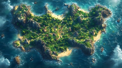 Aerial view of tropical island with lush vegetation, sandy beaches and blue ocean. Concept of adventure, exploration, and escape